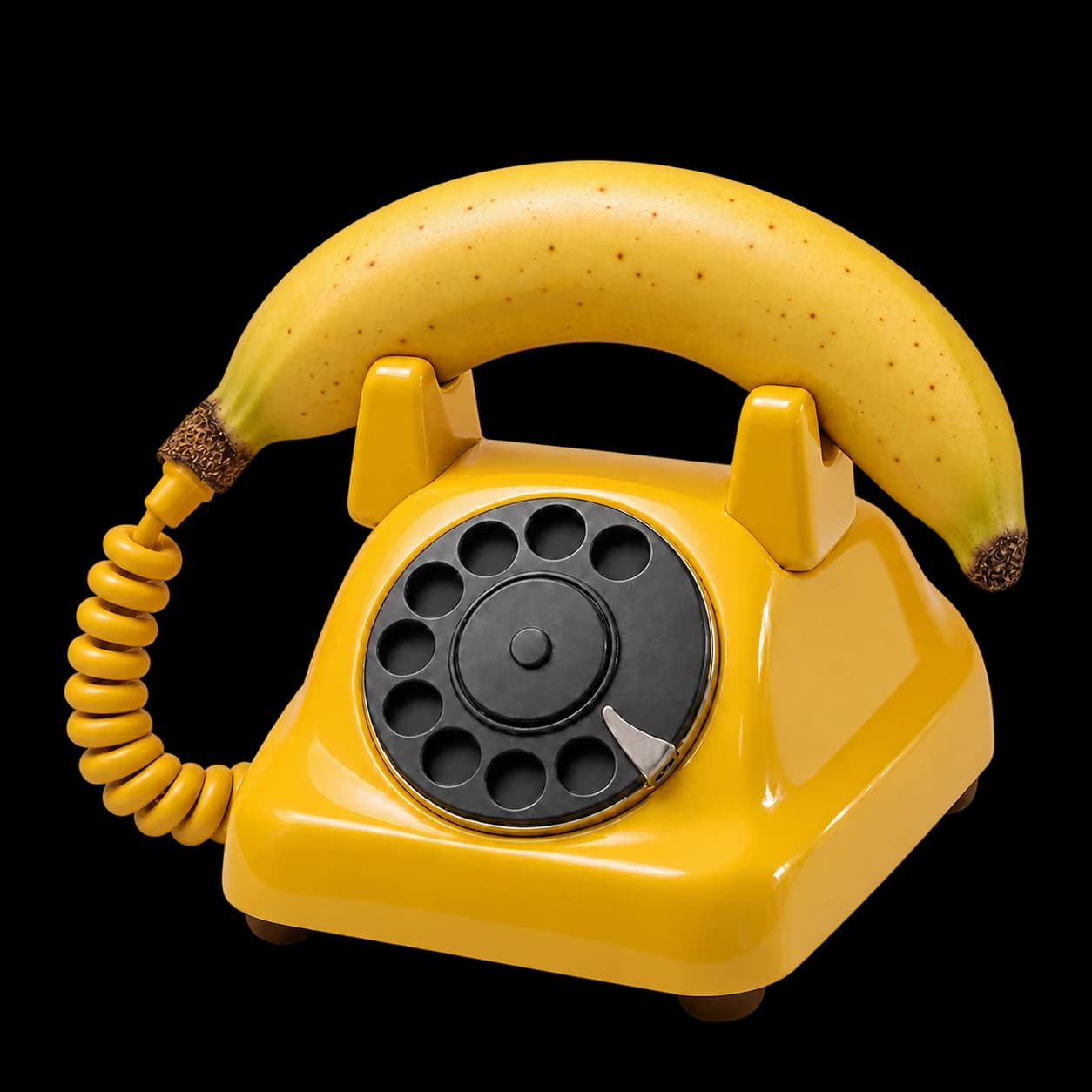 Gele draaischijftelefoon met een banaan als hoorn.