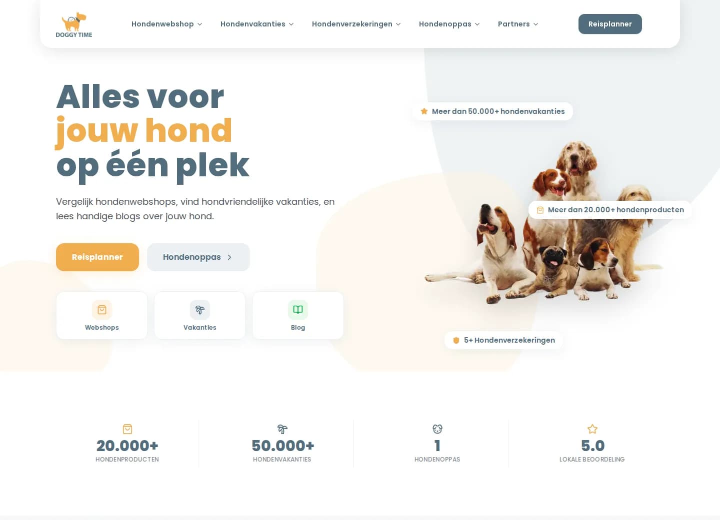 Homepage van Doggy Time: alles voor jouw hond op één plek