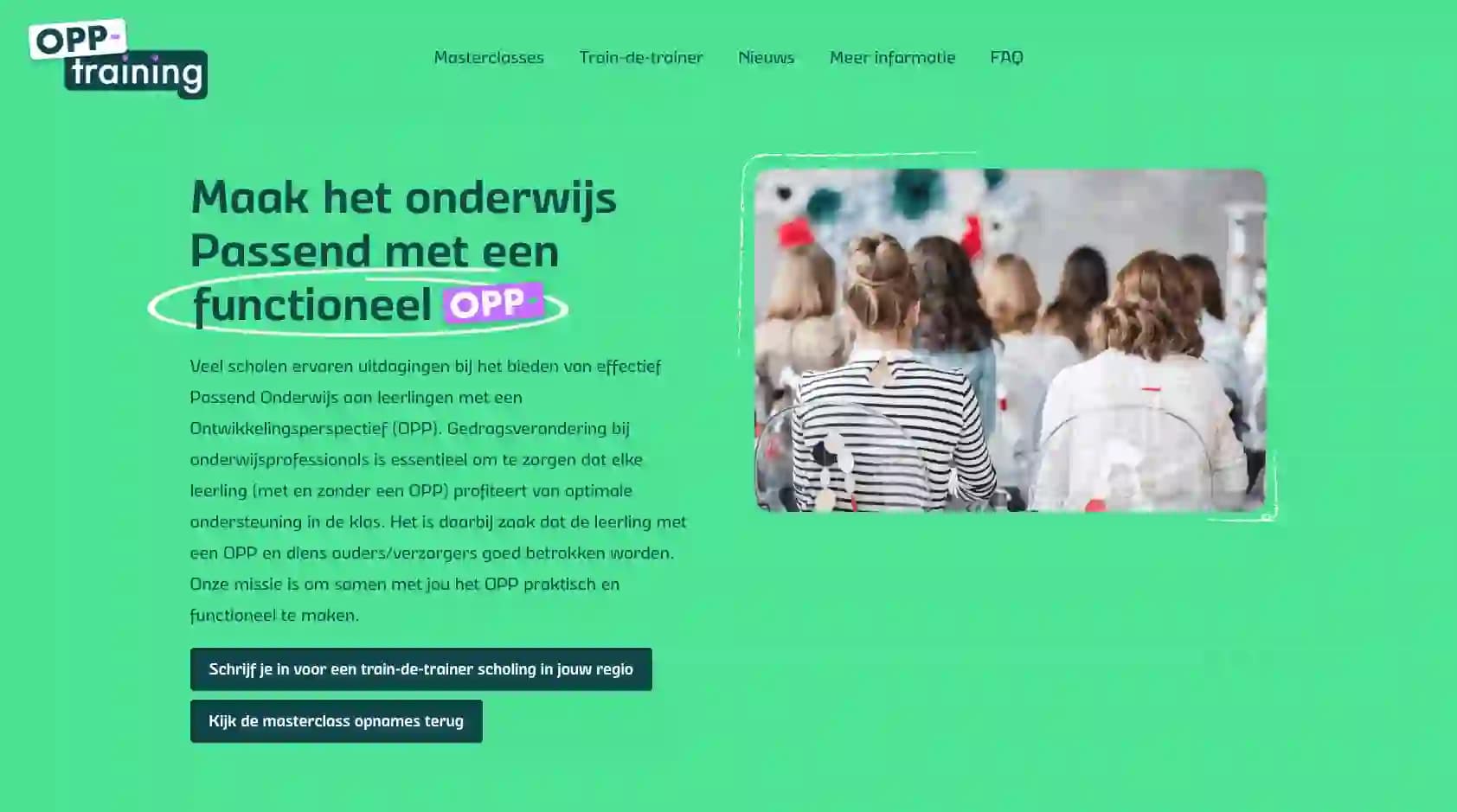 Website van OPP Training met de oproep om je in te schrijven voor de Train-de-Trainer-scholing