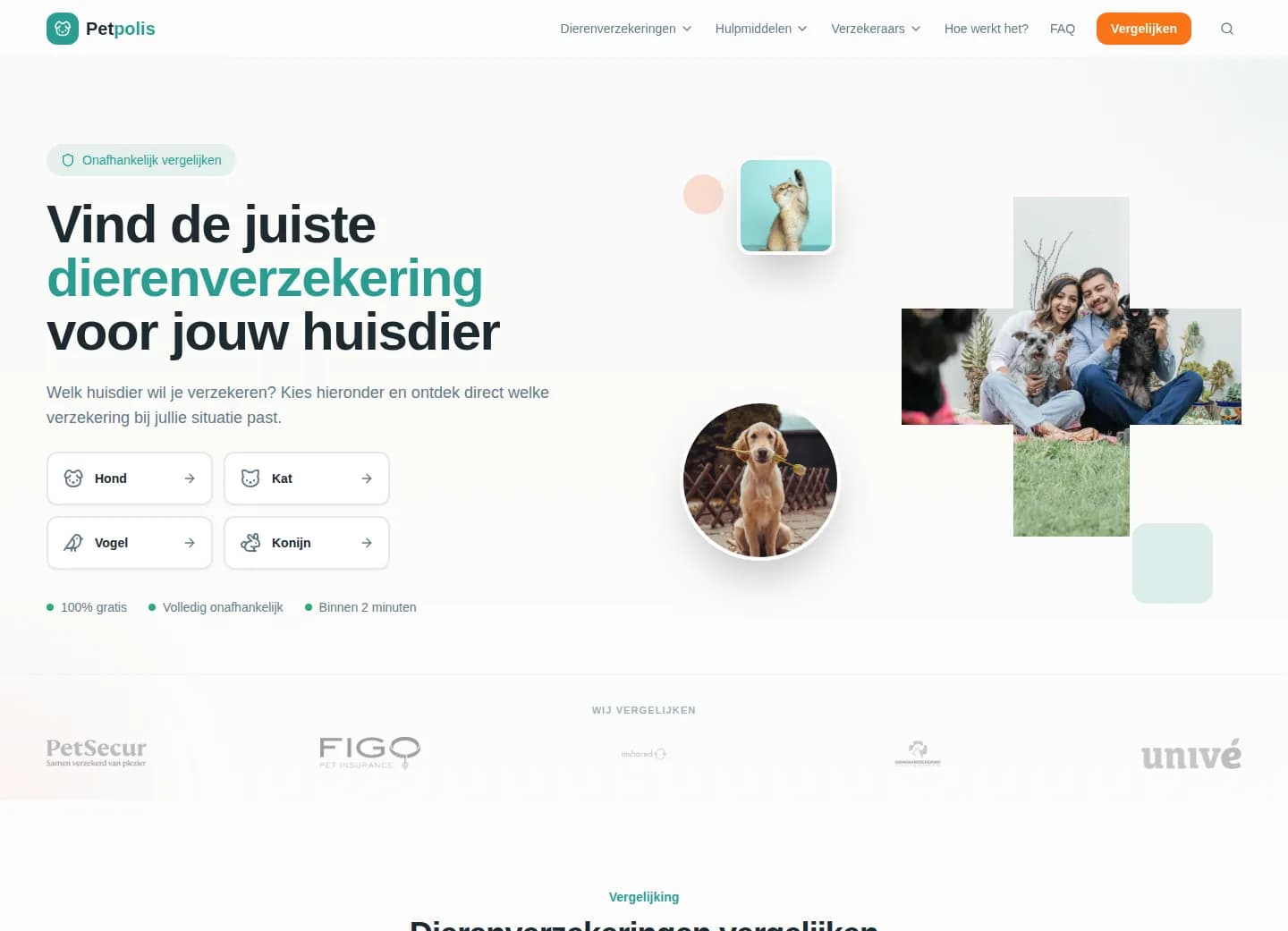 Homepage van Petpolis: vind de juiste dierenverzekering voor jouw huisdier