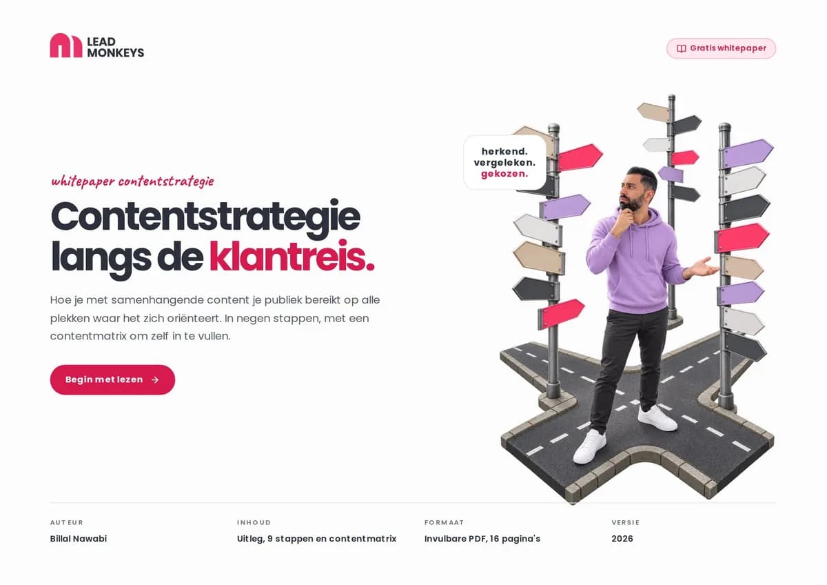 Voorkant van de whitepaper Contentstrategie langs de klantreis: Billal op een kruispunt vol richtingaanwijzers