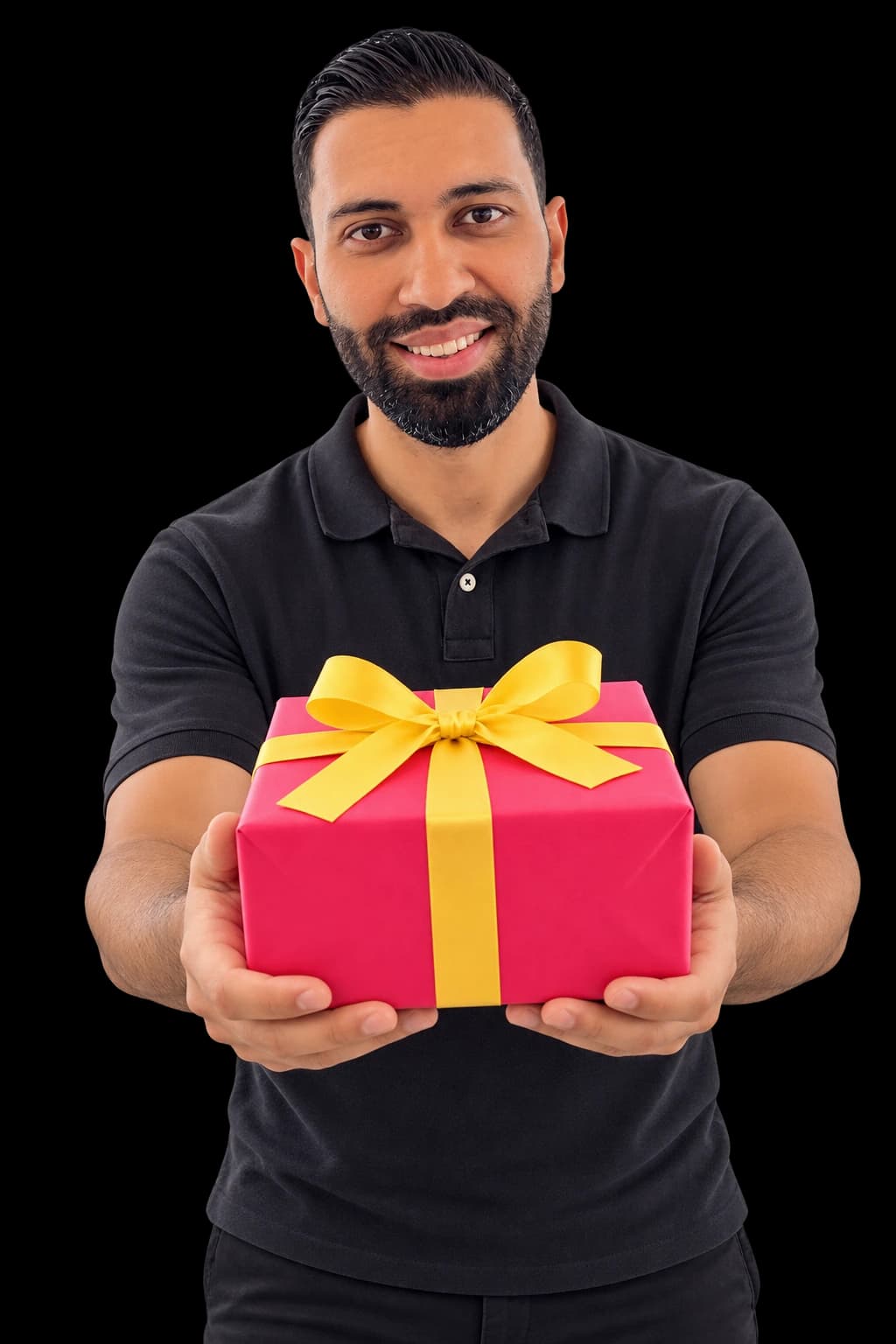Billal Nawabi reikt een roze cadeau met gele strik aan