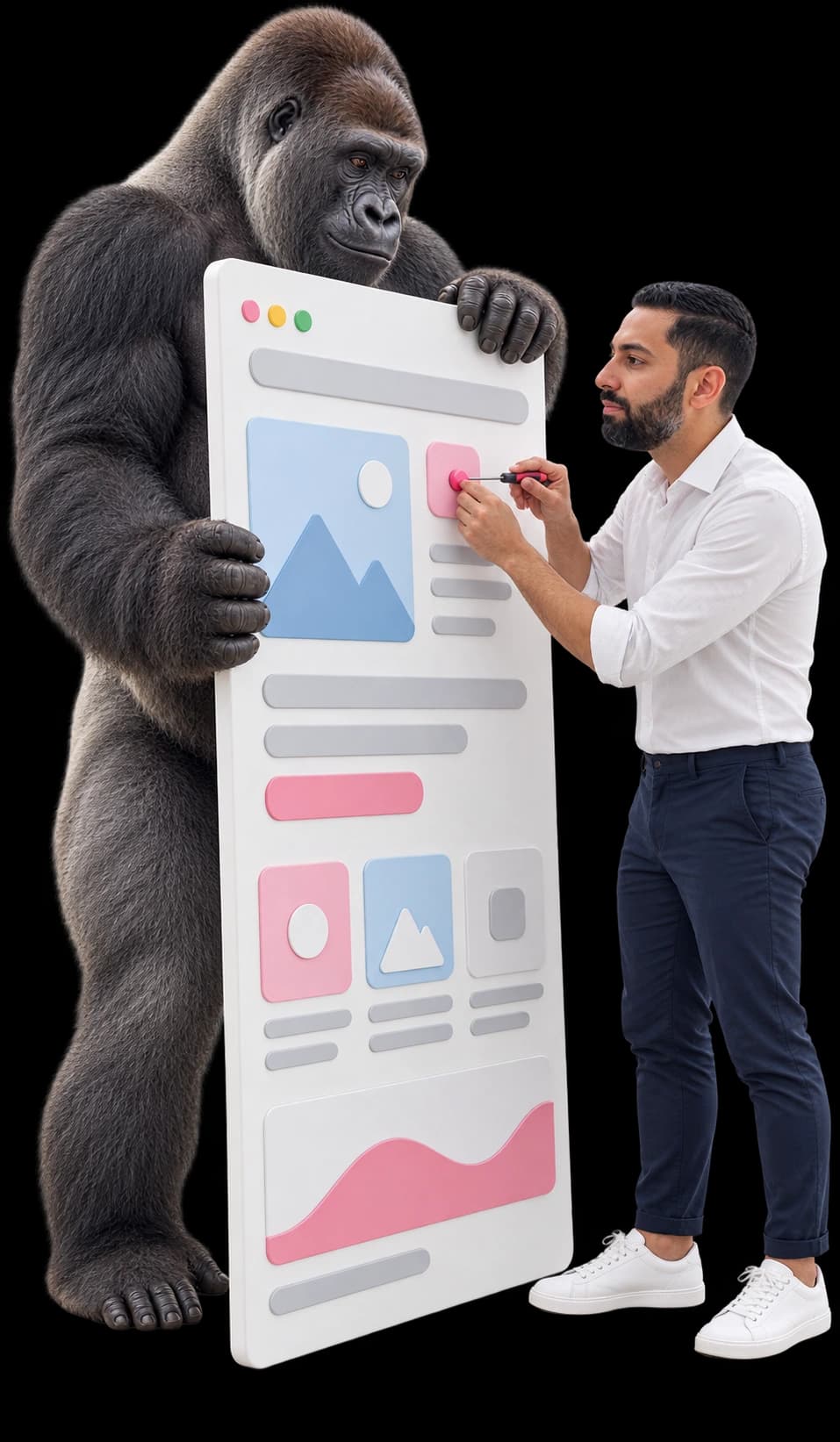 Billal Nawabi stelt met klein gereedschap een onderdeel bij op een groot websitepaneel dat een gorilla rechtop houdt.