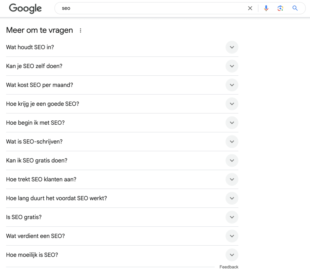 "Mensen zoeken ook" in Google na het intypen van het zoekwoord 'seo' in Google