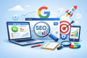 Gratis SEO Scan aanvragen illustratie van SEO en Google